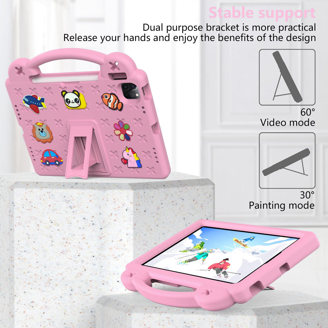 Kids shockproof tablet case with handle & kickstand for iPad, durable child-friendly device protection.