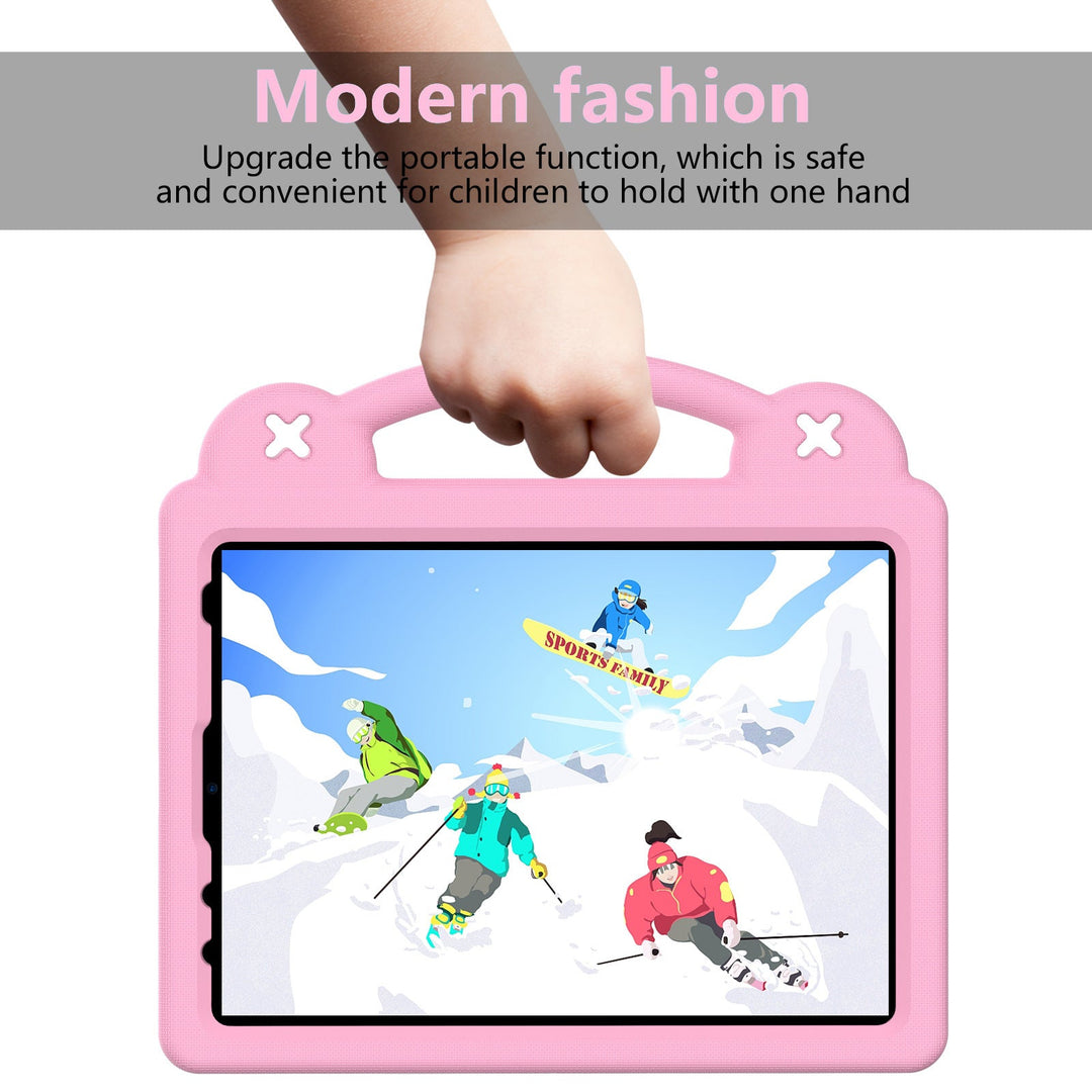 Child-friendly tablet case with secure handle & built-in kickstand for easy viewing, durable iPad protector.