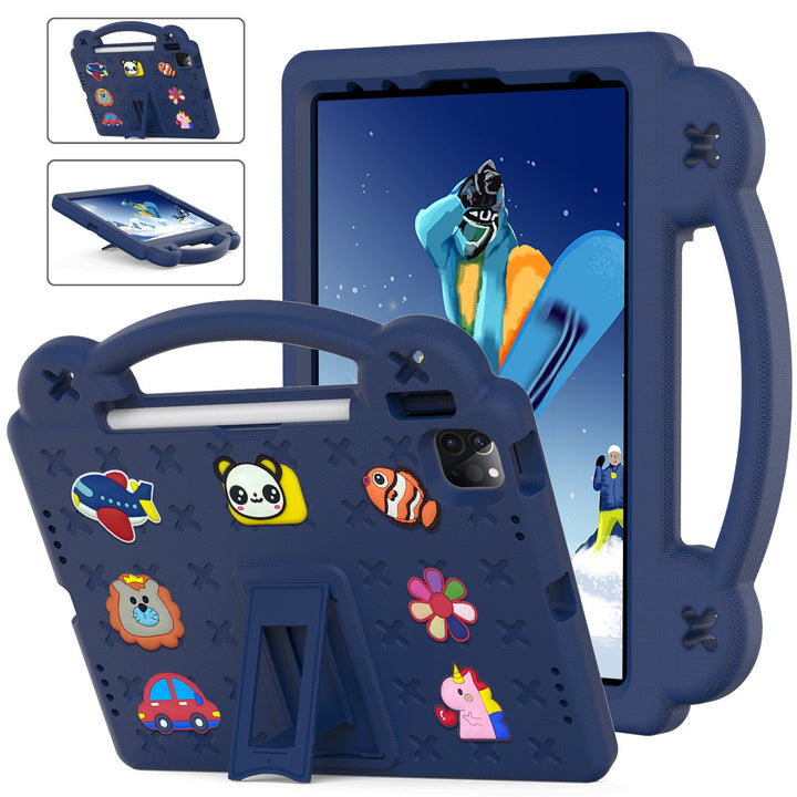 Tough children's tablet case, shockproof design, integrated handle & stand, safeguards iPad for kids.