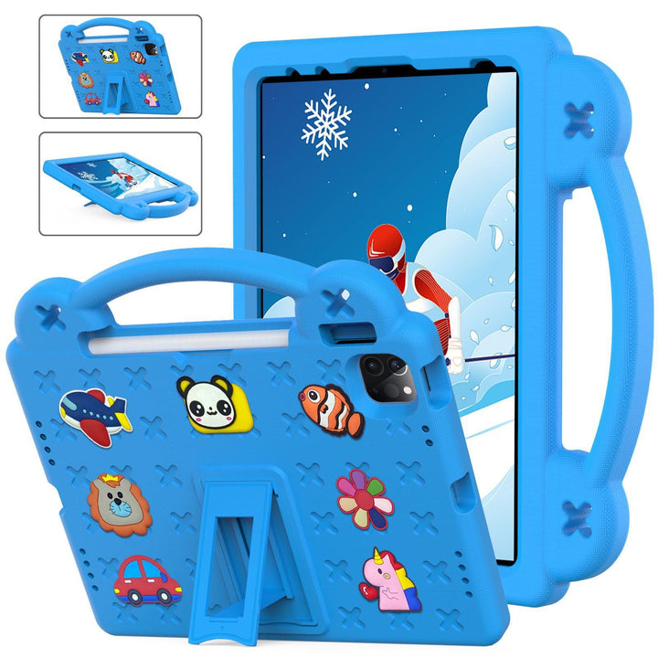 Fun, colorful shockproof tablet case for children, built-in kickstand & carry handle, ultimate iPad protection.