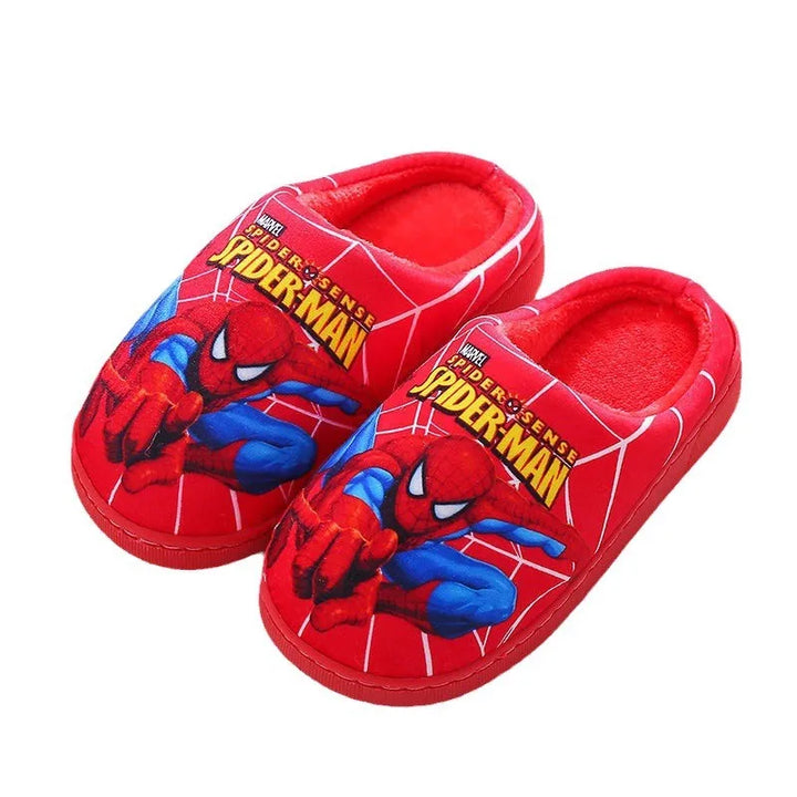 Pair of Spider-Man kids' cozy indoor slippers. Soft cotton footwear for fall & winter.