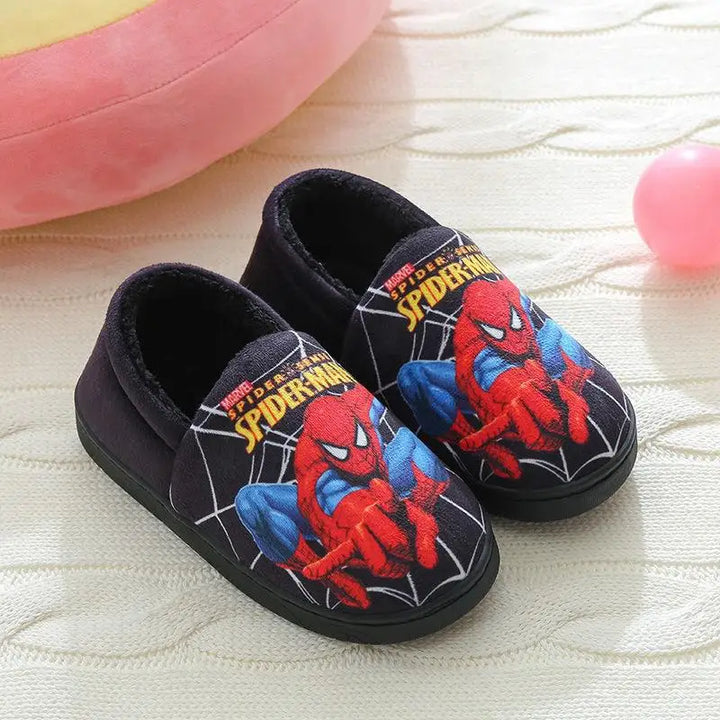Top view of red Spider-Man kids' slippers. Soft, warm indoor footwear for toddlers & children.