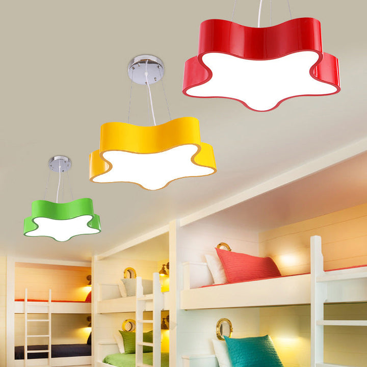 Bright LED star pendant light for children's rooms. Colorful acrylic ceiling lamp adds fun decor.