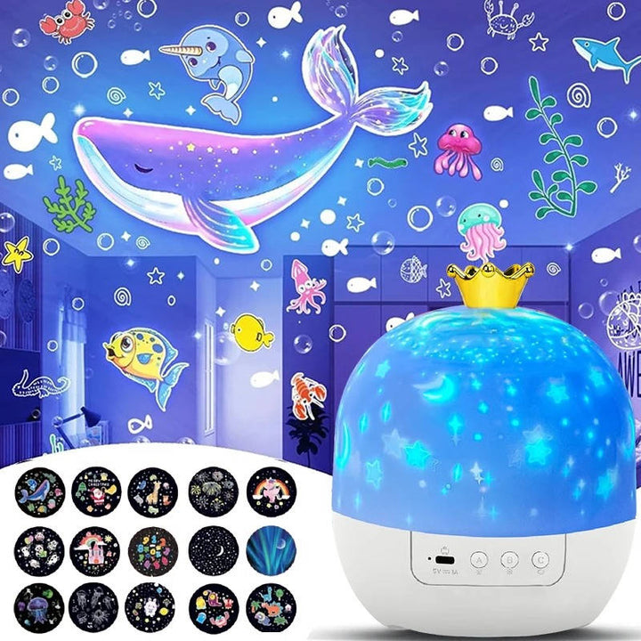 Kids' Star Projector Night Light with remote control, casting soothing stars and galaxies for children's bedrooms.