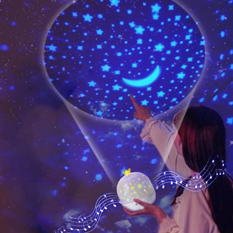 Rotating LED star projector creates a magical, calming bedtime atmosphere for kids' rooms; remote included.