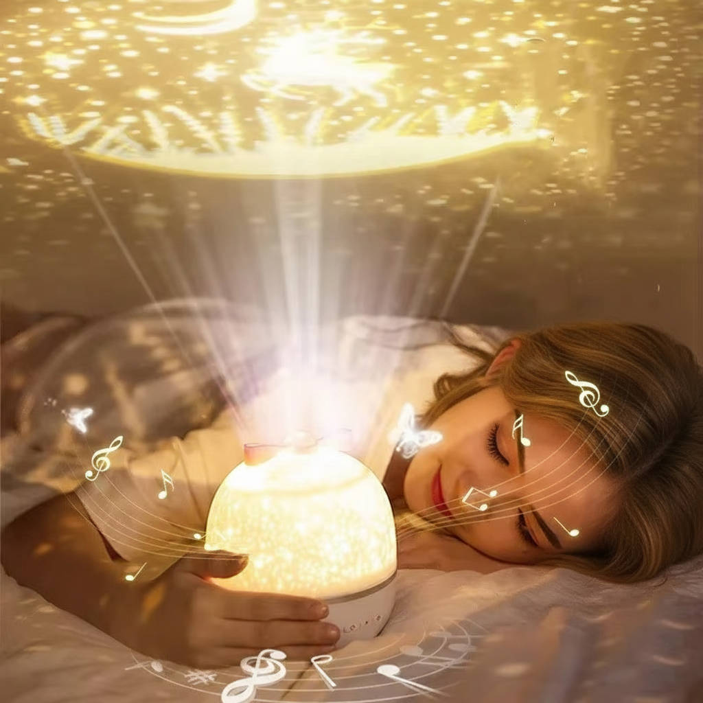 Soothing kids' star projector night light. LED rotating galaxy lamp with remote for a tranquil bedroom.