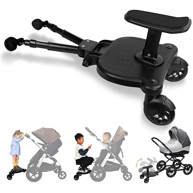 Kids' stroller ride-on board with seat, 360° swivel wheels, universal fit for toddlers on family outings.