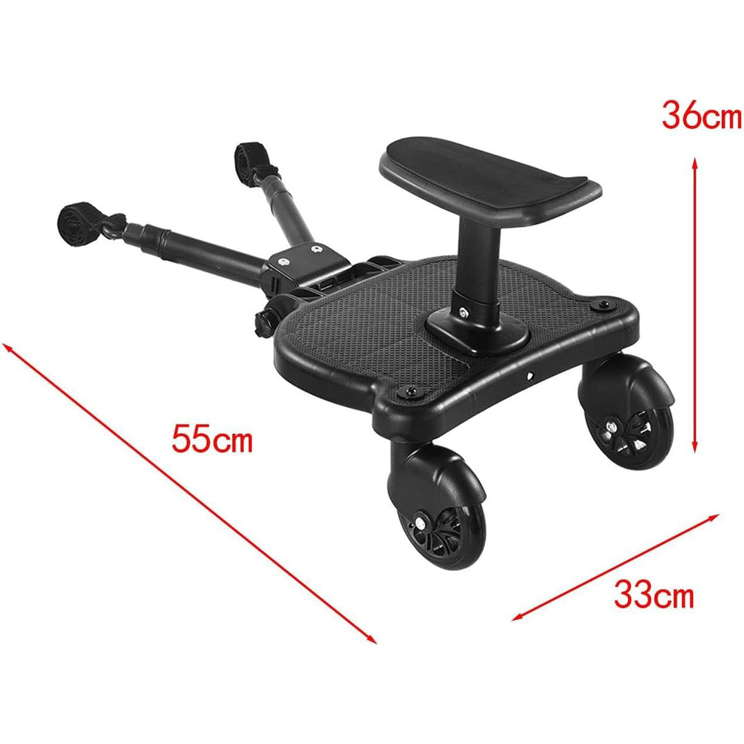 Attachable toddler standing board with seat and 360-degree swivel wheels, a universal stroller accessory.
