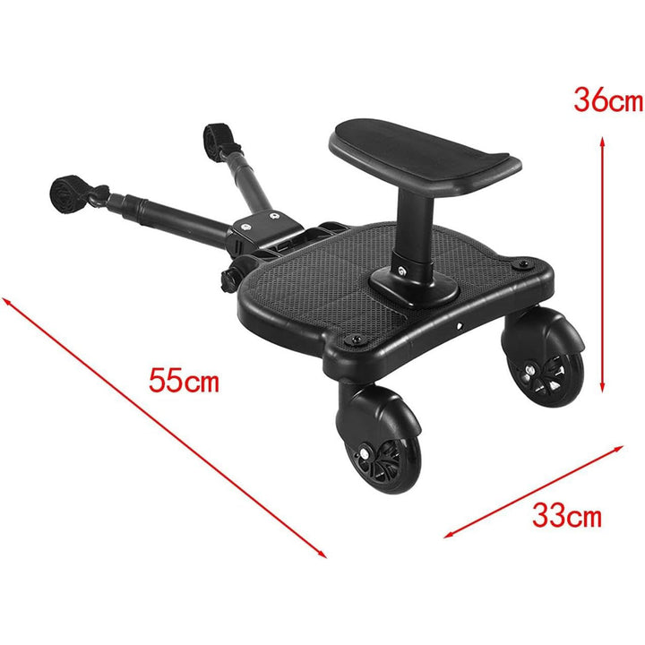 Attachable toddler standing board with seat and 360-degree swivel wheels, a universal stroller accessory.