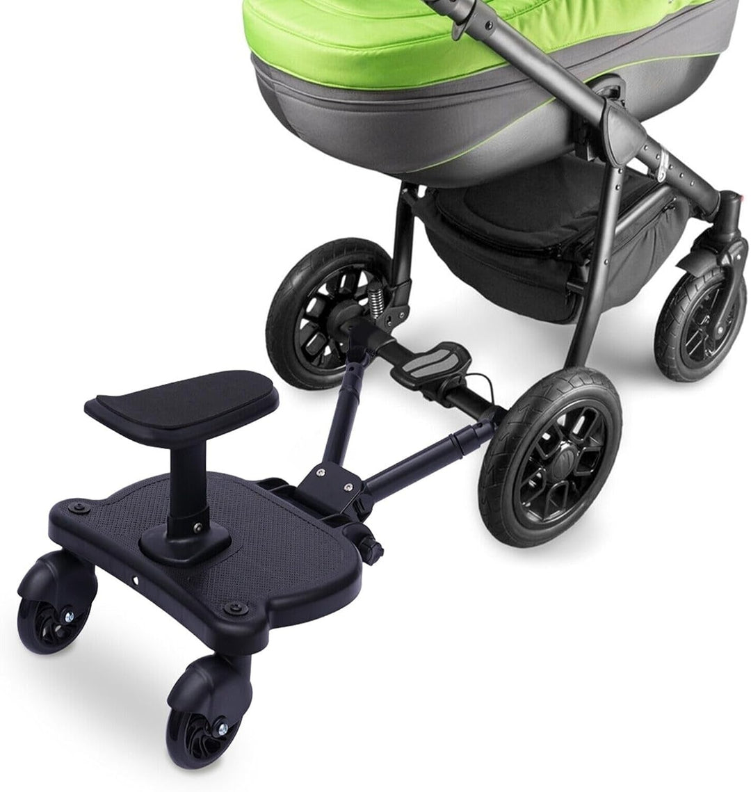 Toddler stroller ride-on board with removable seat for comfortable kids' travel, 360° swivel wheels.