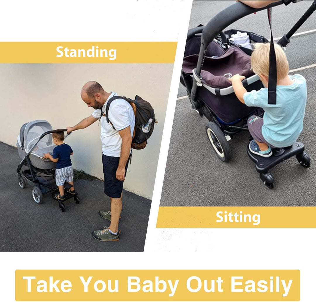 Universal stroller accessory: ride-on board with smooth 360° swivel wheels & comfortable seat for toddlers.