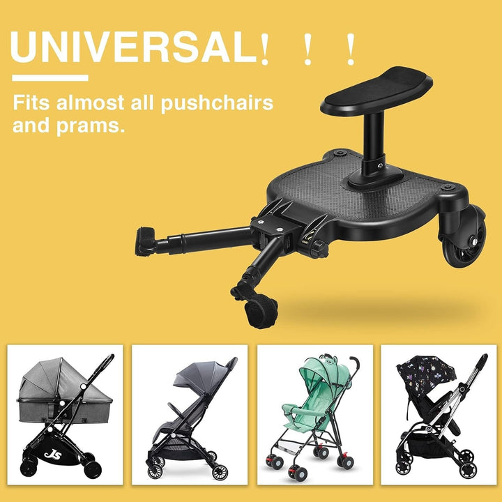 Buggy board with seat for kids, universal stroller attachment, 360° swivel wheels for easy family outings.