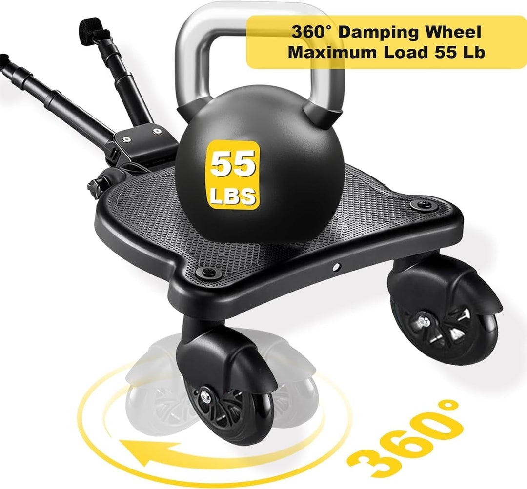 Stroller accessory: ride-on board with seat & 360° swivel wheels for toddlers, perfect for long walks.