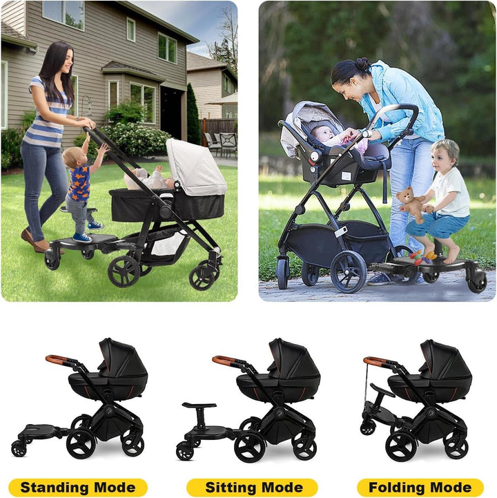 Easy-attach stroller ride-on board with seat & 360° swivel wheels for smooth navigation with toddlers.