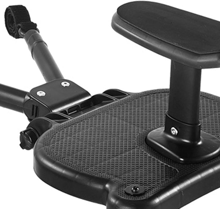 Durable kids' stroller ride-on board with seat, 360° swivel wheels, and universal attachment system.