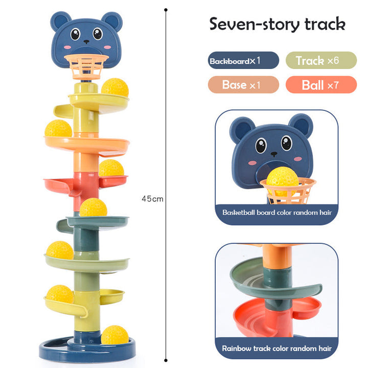 Preschool Swirling Ball Drop Tower activity toy. Encourages learning, fine motor skills, and sensory development.
