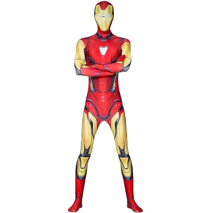 Kid in dynamic superhero pose, wearing a colorful costume for action-packed imaginative play.
