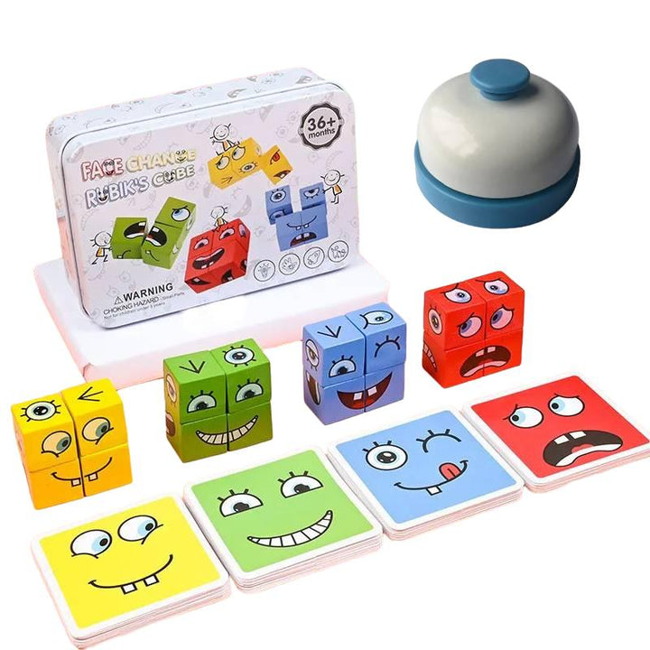 Kids' wooden face-changing block board game for cognitive learning & interactive fun, an educational preschool puzzle.