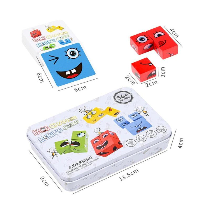 Colorful wooden face-changing blocks in an engaging board game, a fun educational toy for kids' learning & development.