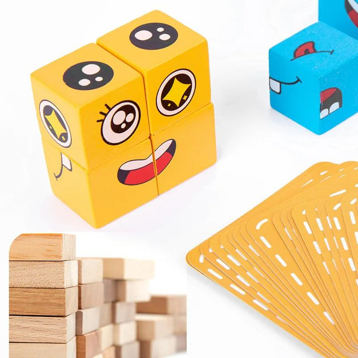 Preschoolers playing an interactive wooden face-changing block puzzle, boosting cognitive skills & problem-solving.
