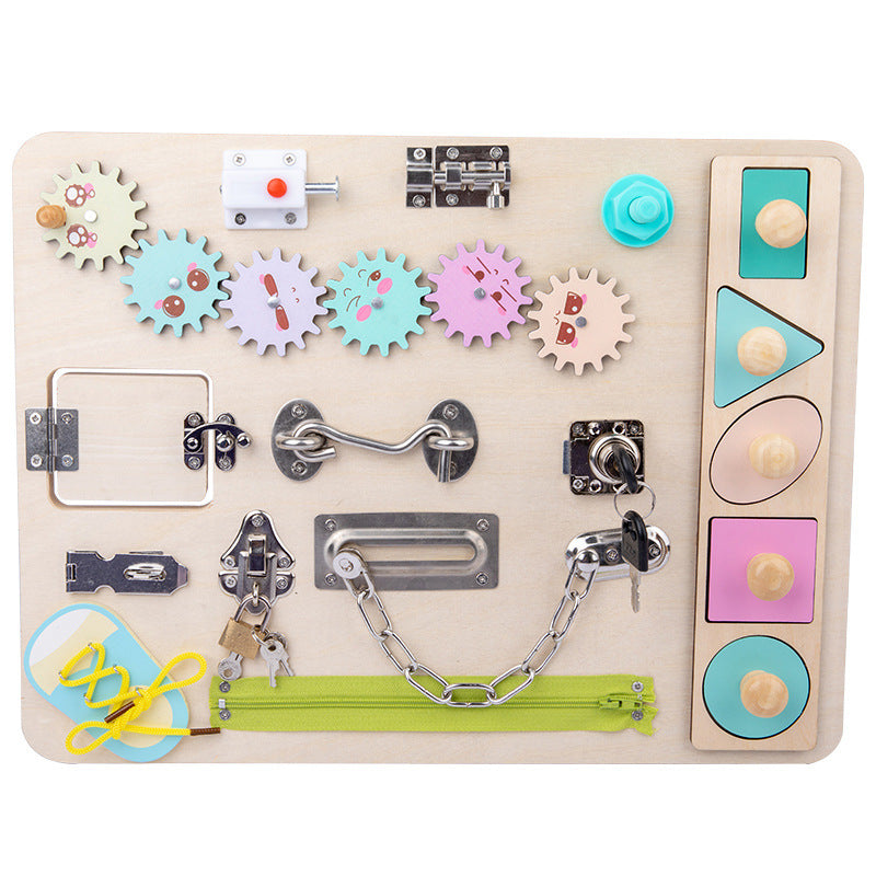 Kids' wooden sensory busy board for toddlers, promoting fine motor skills & early learning. Educational activity toy.