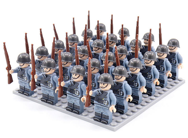 Kids' WWII military building blocks set with historic army soldier figures, ideal for educational play & construction.