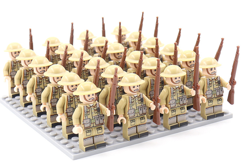 Children's WWII military construction set with army soldiers & historic figures, perfect for creative activity & play.
