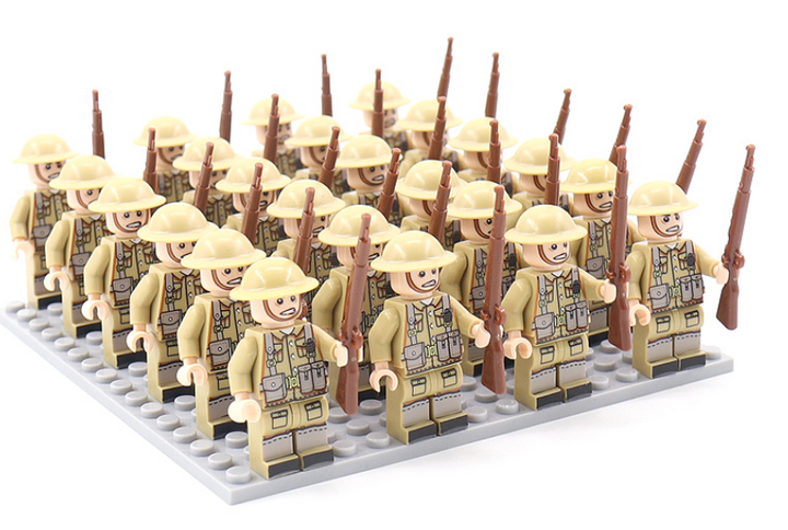 Children's WWII military construction set with army soldiers & historic figures, perfect for creative activity & play.