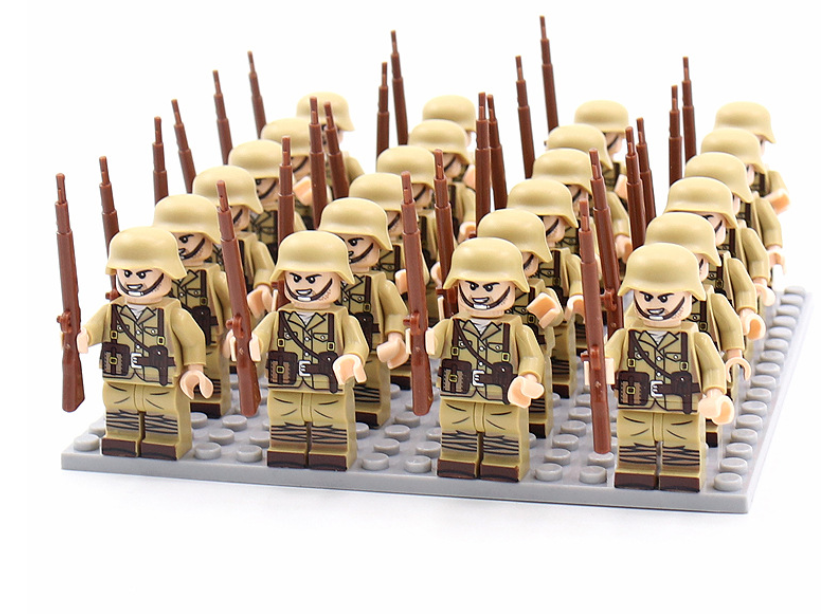 Kids actively playing with WWII military building blocks, creating battle scenes with detailed army soldier figures.