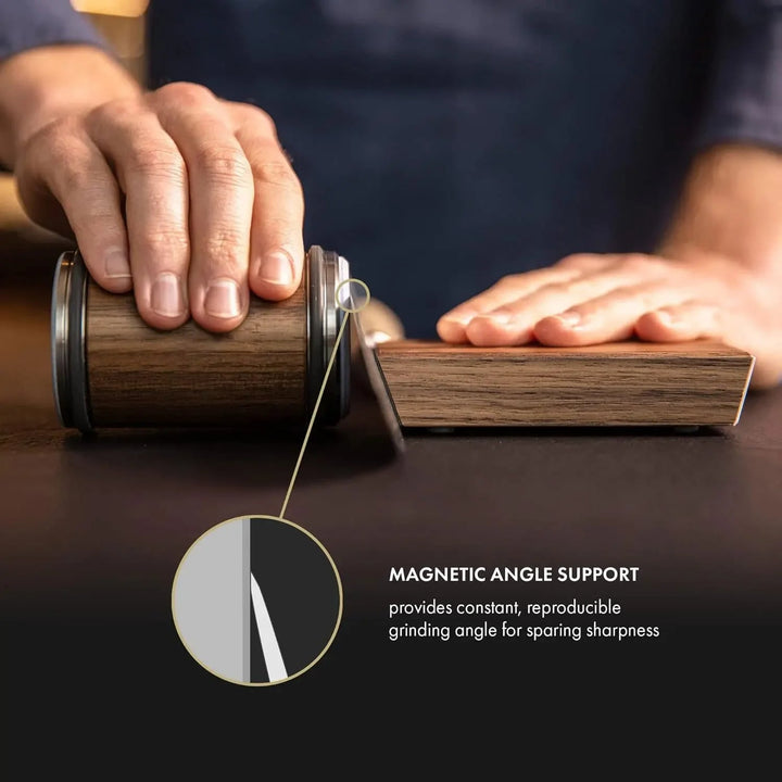 Kitchen rolling knife sharpener with magnetic base and diamond stone for precise, easy blade sharpening.