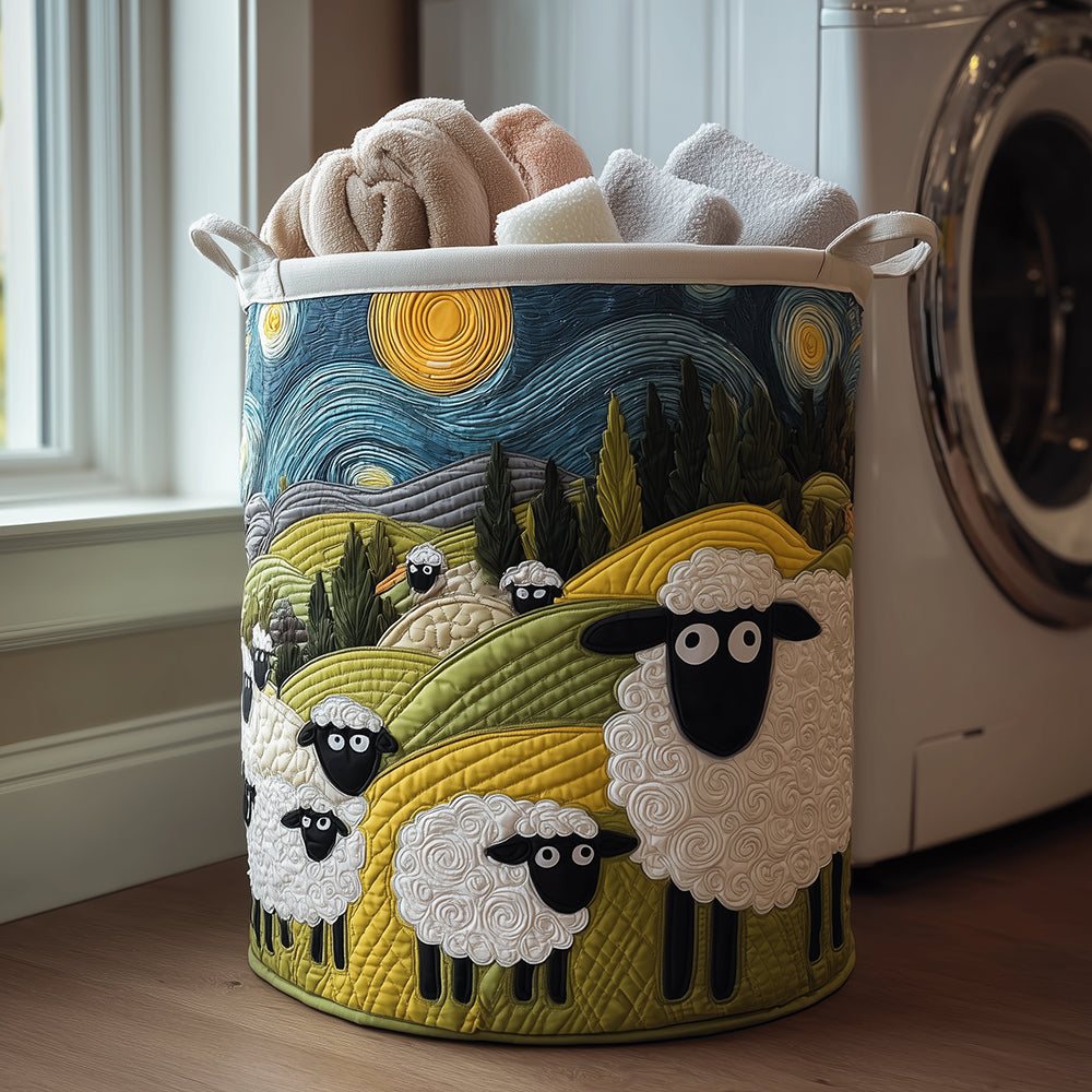 Lamb Meadow Quilted Laundry Basket for nursery storage. Soft fabric hamper, perfect for kids room decor & home organization.