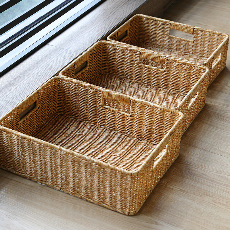 Large handcrafted rectangular wicker storage basket for home organization.