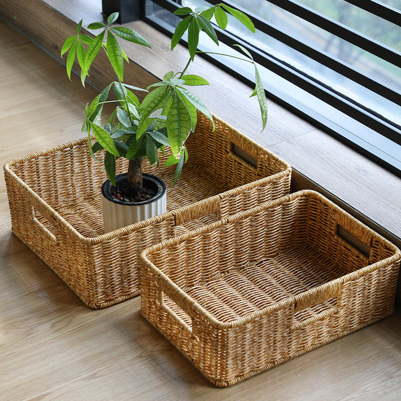 Handwoven natural fiber storage basket, perfect for living room decor.