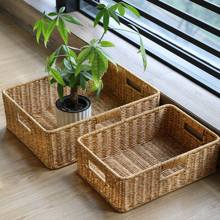 Handwoven natural fiber storage basket, perfect for living room decor.