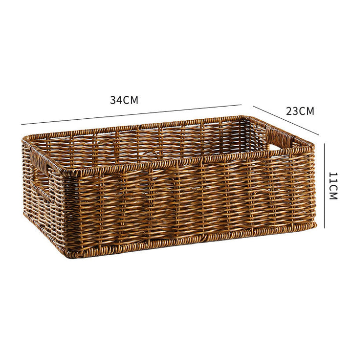 Functional rectangular wicker storage basket for shelves or floors.
