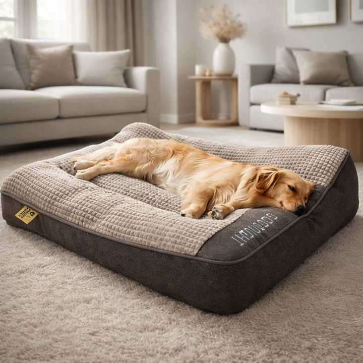 Large orthopedic memory foam dog bed with headrest for joint support, ideal for pet comfort and large dogs.