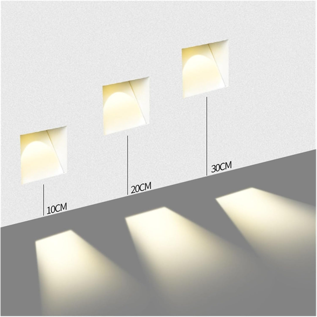 Compact LED recessed step light with smart sensor for dark stairwells.