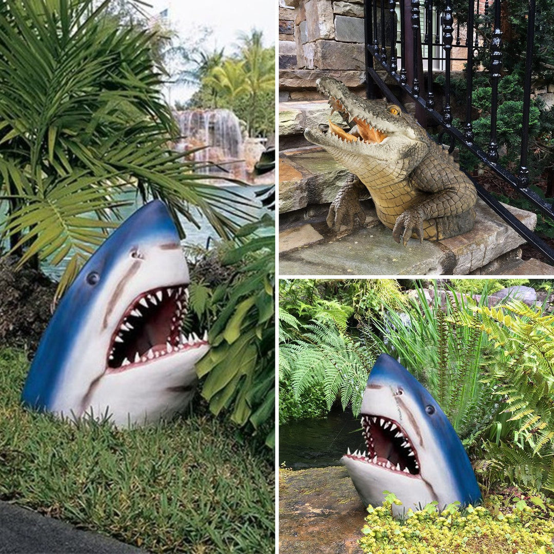 Lifelike resin alligator & shark outdoor statues, ideal garden & poolside decor, unique wildlife art.