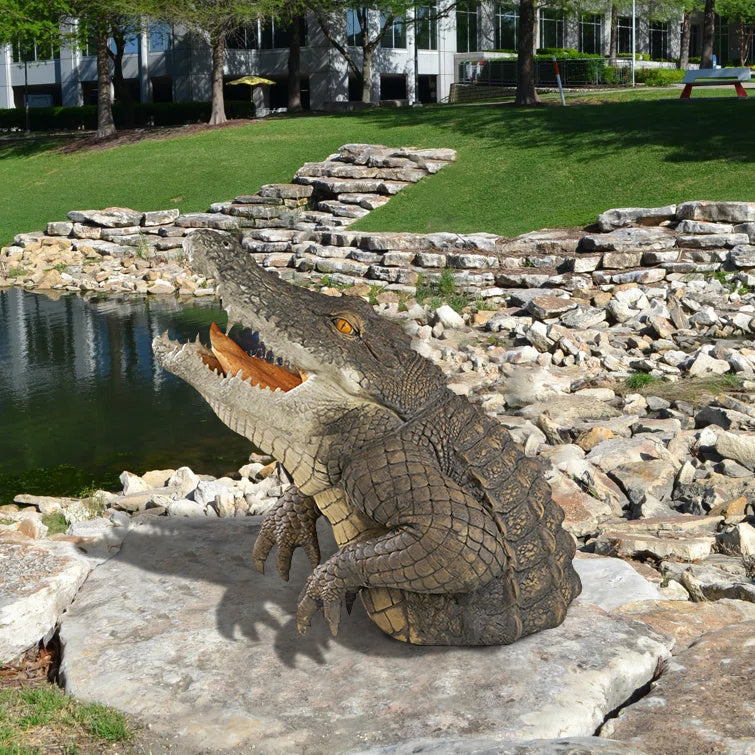 Lifelike alligator & shark garden statues, unique resin wildlife decor for outdoor lawn & pond.