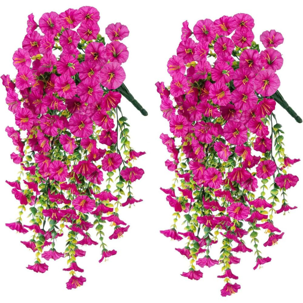 Vibrant pink & purple artificial morning glory garland. Ideal hanging floral decor for weddings & events.