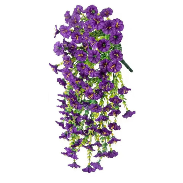 Full view of artificial morning glory flower garland. Perfect UV resistant floral string for vibrant home decor.