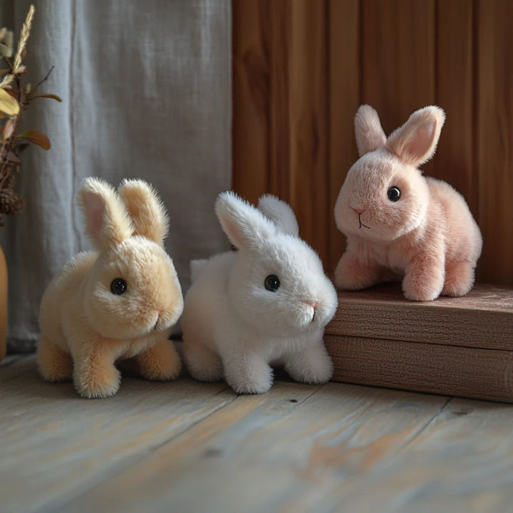 Cute interactive plush bunny, a soft lifelike stuffed animal; ideal nursery decor & toddler toy.