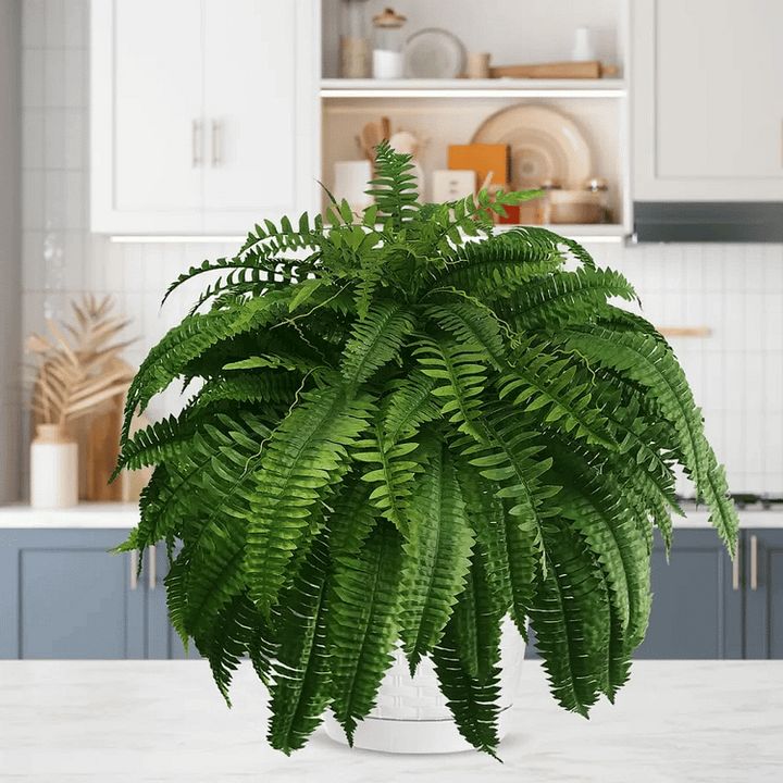 Elegant UV-resistant artificial Boston fern, perfect for adding natural-looking greenery outdoors.