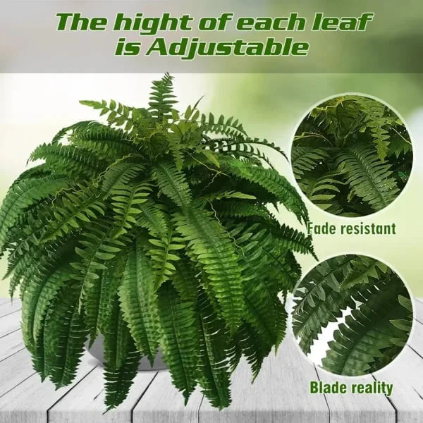 Durable outdoor artificial Boston fern, UV-protected for long-lasting vibrant garden decor.