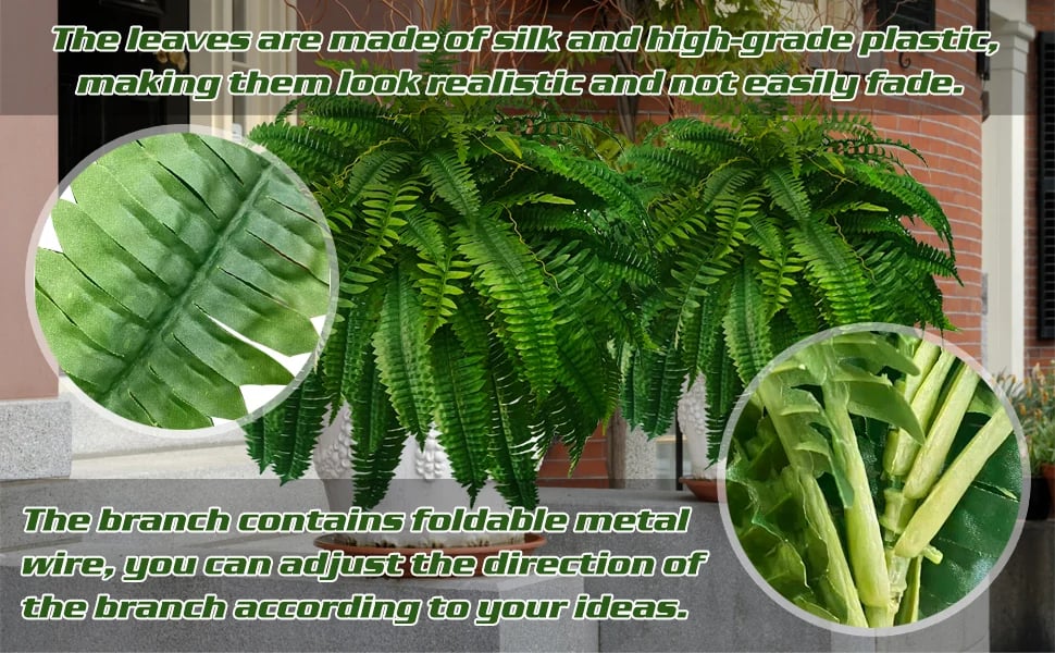 Full view of a stunning UV-resistant artificial Boston fern, enhancing outdoor home decor.