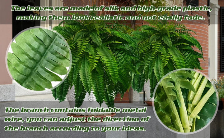 Full view of a stunning UV-resistant artificial Boston fern, enhancing outdoor home decor.