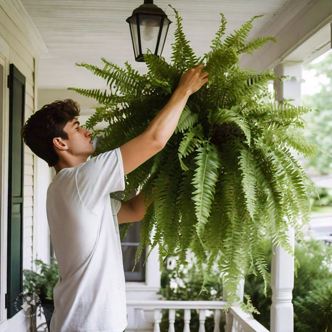 Lush artificial Boston fern, UV-protected, bringing year-round outdoor greenery.