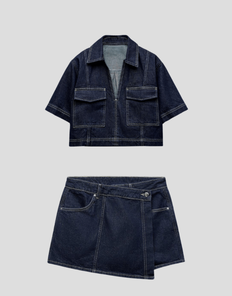 Women's chic denim skort and matching top. A trendy two-piece outfit, perfect for spring and summer style.