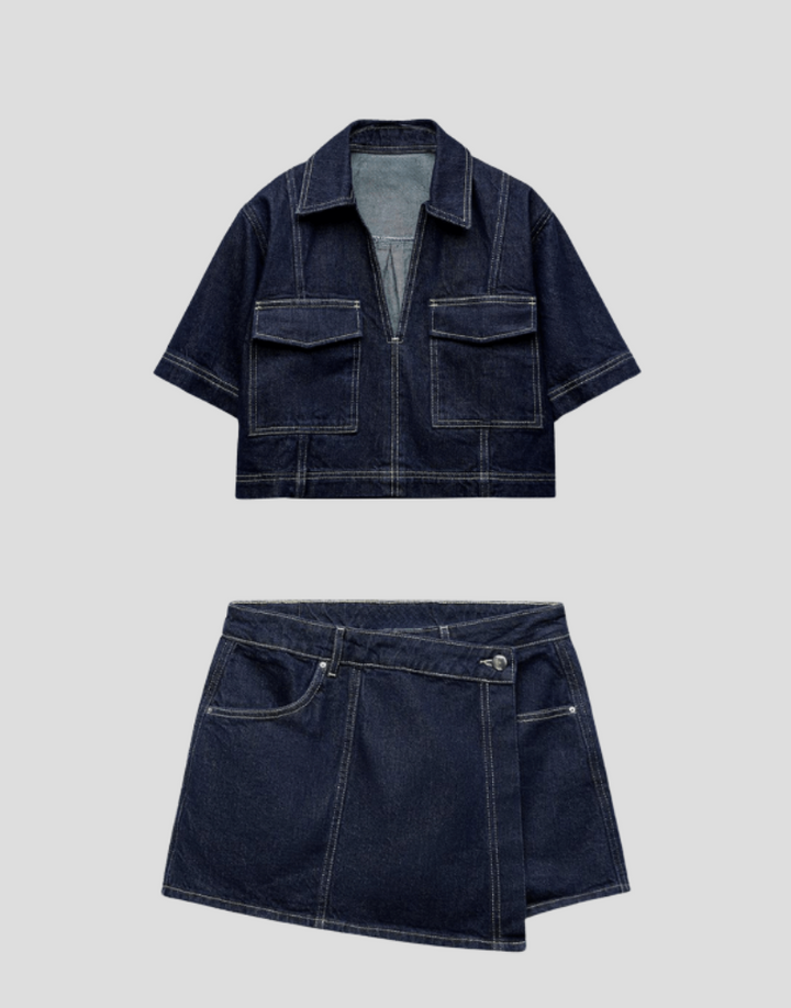 Women's chic denim skort and matching top. A trendy two-piece outfit, perfect for spring and summer style.