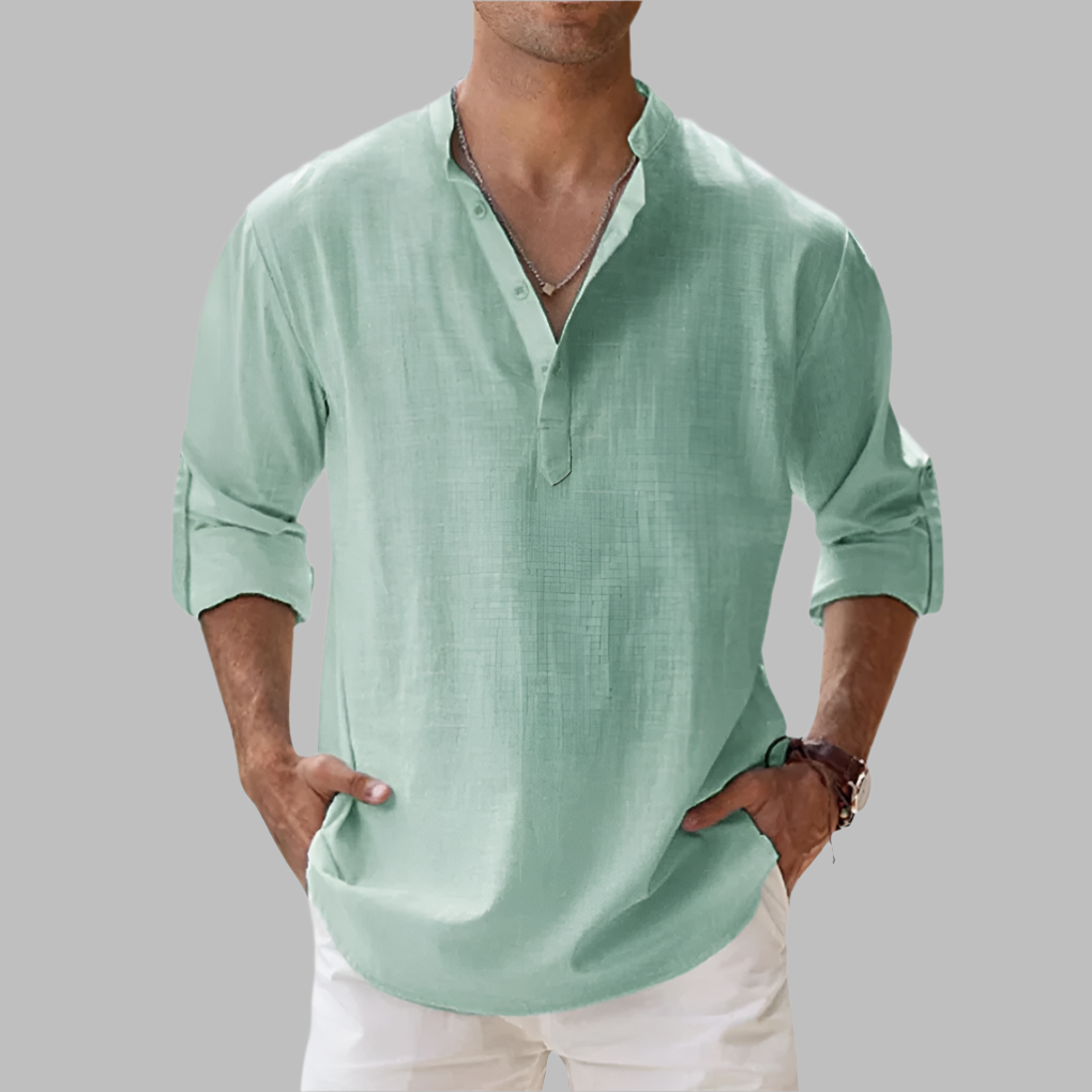 Relaxed fit men's lightweight summer shirt in gray, long sleeve & breathable for casual comfort.